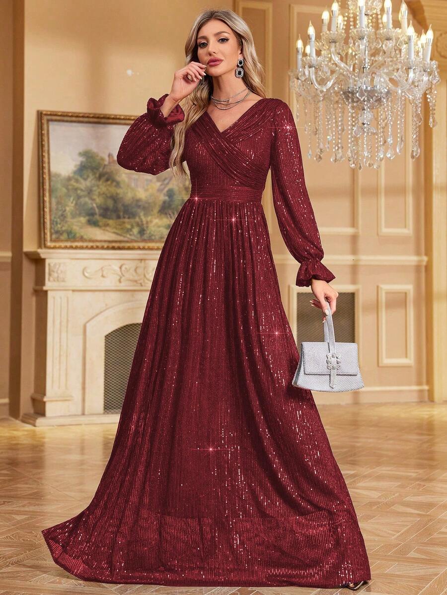 女士纯色亮片V领喇叭袖晚礼服（装饰繁复） - 紅色 - 查看 1