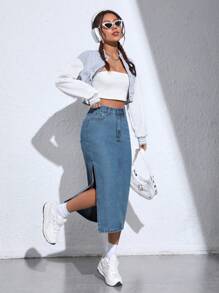 SHEIN PETITE 女士牛仔裙 - 中等水洗藍 - 查看 3