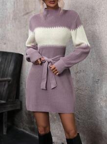 SHEIN Clasi Khối màu Cổ giả Thắt lưng Đầm Áo len - Nhiều màu - Xem 3
