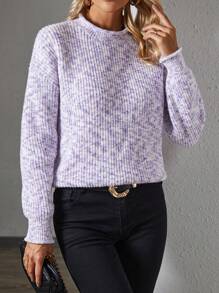 SHEIN LUNE Polka Dot Yarn Round Neck Drop Shoulder Sweater Knit Pullover Fall Winter Outfit - White - View 6