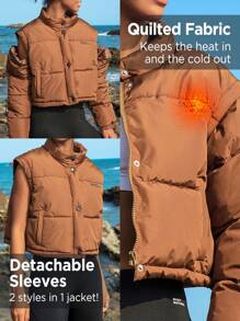 In My Nature Letter Graphic Zip Up Crop Padded Coat - Brown - View 4