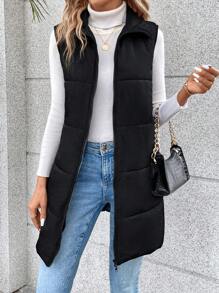 SHEIN Frenchy 拉链系腰带背心夹棉外套 - 黑色 - 查看 5