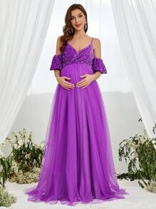 Maternity Cold Shoulder Surplice Neck Formal Party Dress