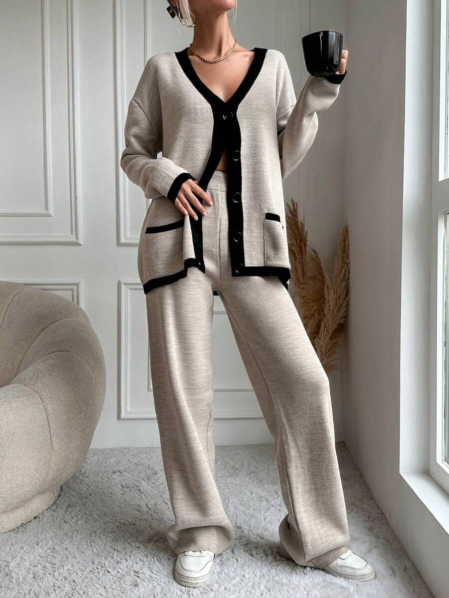 EURMUSE 2 Contrasting Buttoned Sweaters And Solid Color Sweater Pants - Khaki - View 1