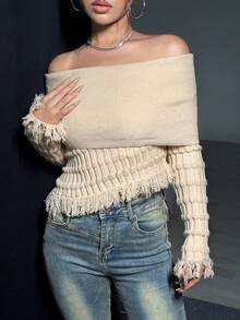 SHEIN Unity Áo len tua rua trễ vai viền bất đối xứng cho nữ - Màu be - Xem 6