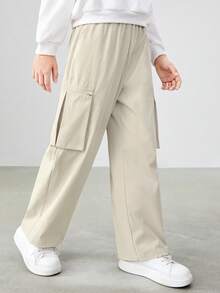 男童休閒鬆身編織褲,撥片補丁,字母印花,直裁剪裁和口袋 - 杏色 - 查看 5