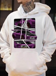 Men Car Print Kangaroo Pocket Drawstring Hoodie - White - View 1