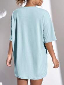 SHEIN Unity 女款摩托車信件印花下墜肩t恤 - 藍色 - 查看 2