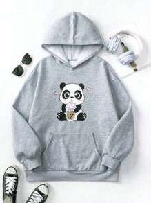 Teen Girls Cartoon Graphic Drop Shoulder Hoodie - Grey - View 1