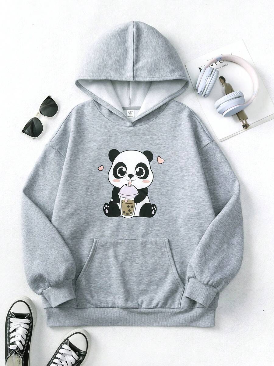 Teen Girls Cartoon Graphic Drop Shoulder Hoodie - Grey - View 1