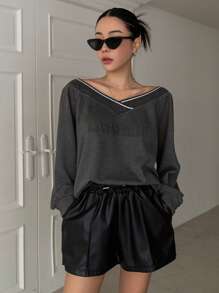 Dazy Designer Letter Embroidery Contrast Trim Sweatshirt - Grey - View 4