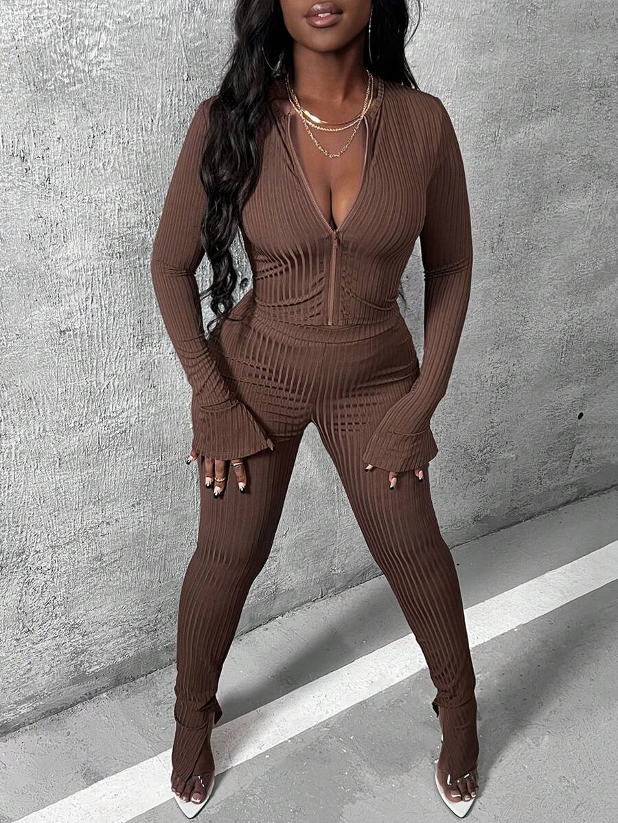 Slaydiva 2 件套女式拉链长袖紧身喇叭袖上衣和超长喇叭腿罗纹裤，棕色 - 棕色 - 查看 1