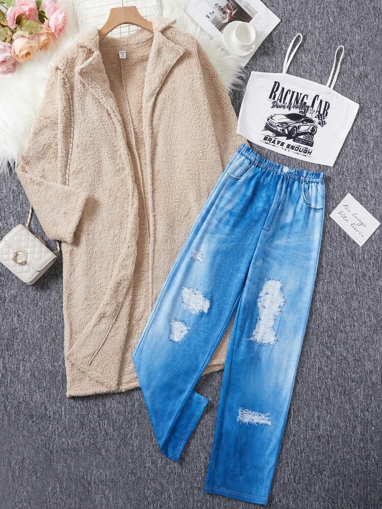 Teenage Girls' 3pcs/set Car & Letter Printed Cami Top, Jeans And Plush Coat Set