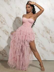 Slaydiva Elegante vestido rosa para fiesta de mujer con tirantes de espagueti, copa de encaje y diseño de contraste de malla, multicapa de tul y bajo asimétrico con abertura - Rosa - Ver 4