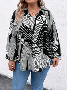 SHEIN LUNE 女士大尺碼條紋印花襯衫 - 黑與白 - 查看 4