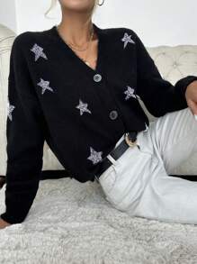 EURMUSE Star Pattern Drop Shoulder Cardigan - Black and White - View 3