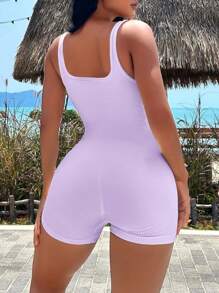 SHEIN Yoga Basic 素色條紋針織運動連體短褲 - 紫丁香色 - 查看 2