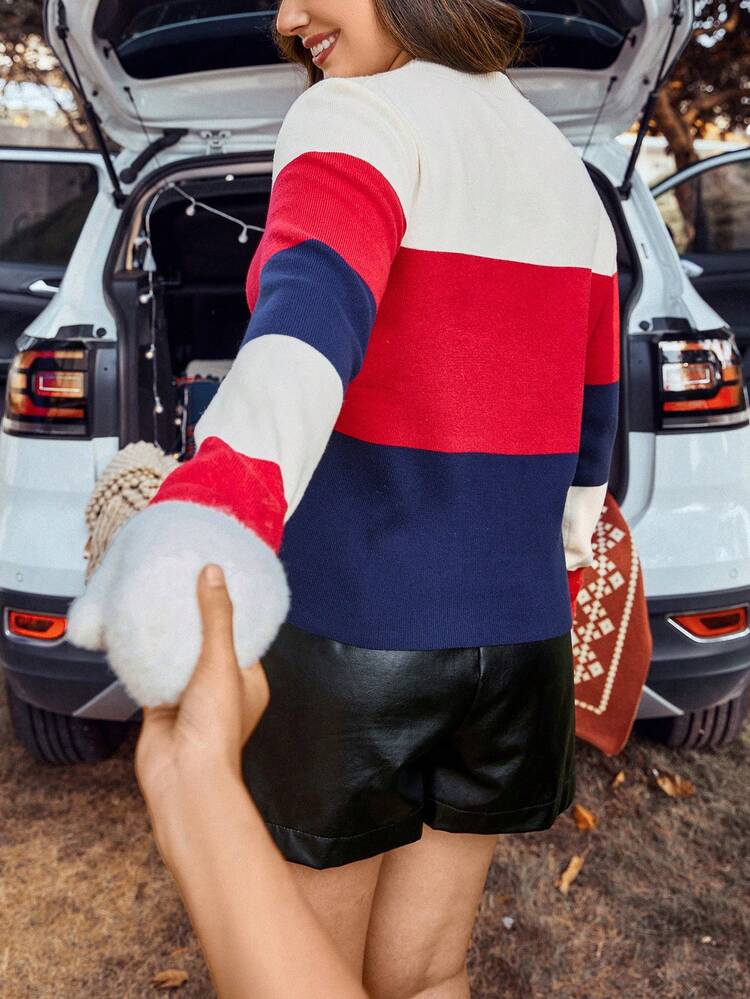 Plus Color Block Round Neck Sweater Knit Pullover Fall Winter Sweater