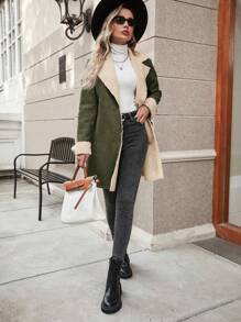 SHEIN Essnce Christmas Red Plaid Velvet Long-Sleeved Autumn And Winter Casual Mid-Length Coat - Olive Green - View 5