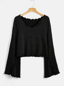 SHEIN EZwear Hơn Ren Mộc nhĩ Tay áo kèn  Áo thun - màu đen - Xem 1