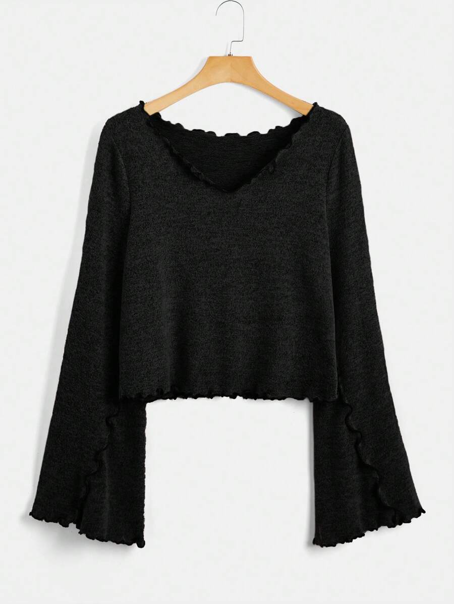 SHEIN EZwear Hơn Ren Mộc nhĩ Tay áo kèn Áo thun - màu đen - Xem 1