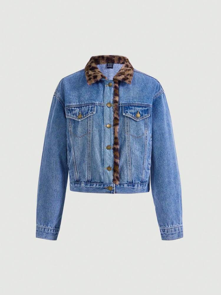 Women's Leopard Print Plush Patchwork Denim Jacket
