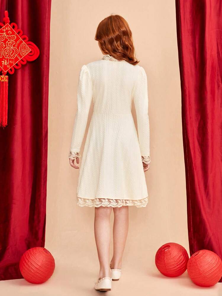 Girls' Knitted Solid Color Lace Trim V-Neck Dress