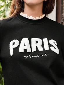 SHEIN Frenchy Lá thư Đổ xô Viền Lace tương phản Áo nỉ - màu đen - Xem 2