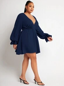 SHEIN SXY Hơn Cổ Lao tay áo lá sen Đầm - Màu xanh hải quân - Xem 4