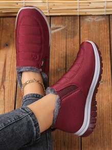 Women's Fashion Soft Bottom Slip-On Snow Boots, Warm & Thick Thermal Lined Ankle Snow Boots, Winter Sports Shoes, Black,Fur Boots - Red - View 2