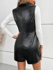 SHEIN Frenchy Cổ áo Bao bên chất liệu da PU Romper Không có áo len - màu đen - Xem 2