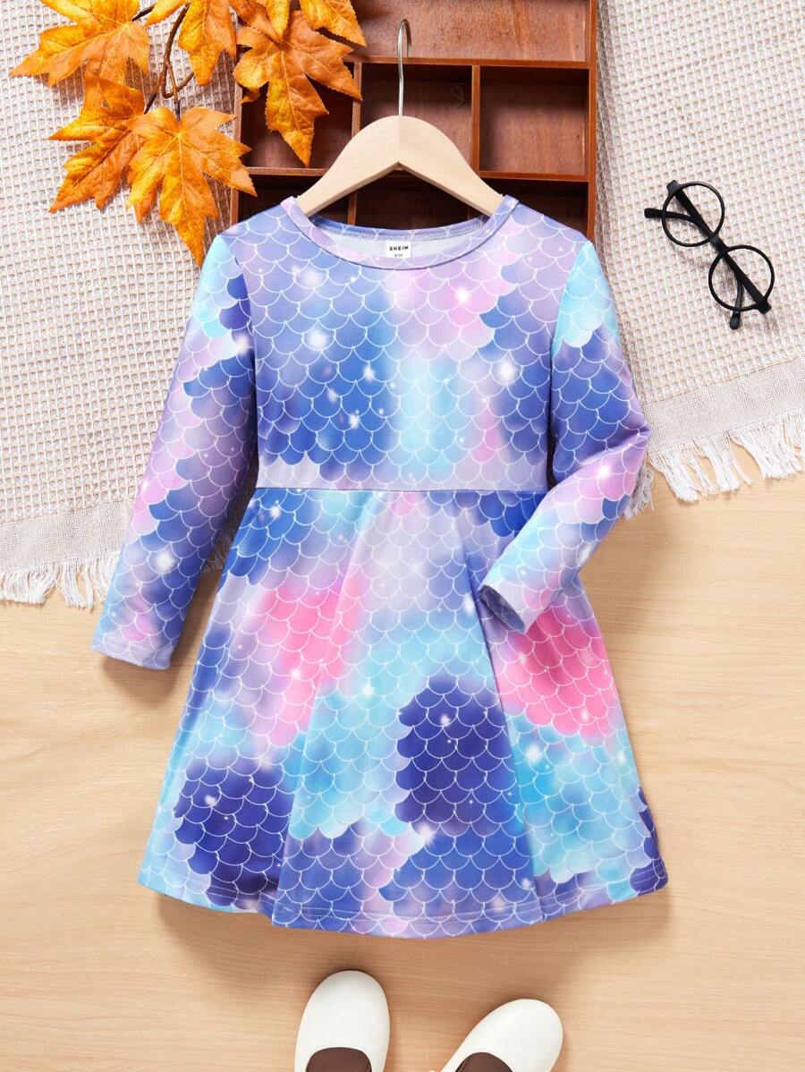 SHEIN Young Girl Fish Scales Print Dress - Multicolor - View 1