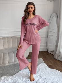 RueChic Women's Text Print Ribbed Knit Lounge Wear Set - Baby Pink - View 4