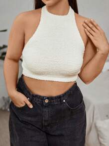 Flirla 大尺碼女用短版針織上衣 - 米色 - 查看 3