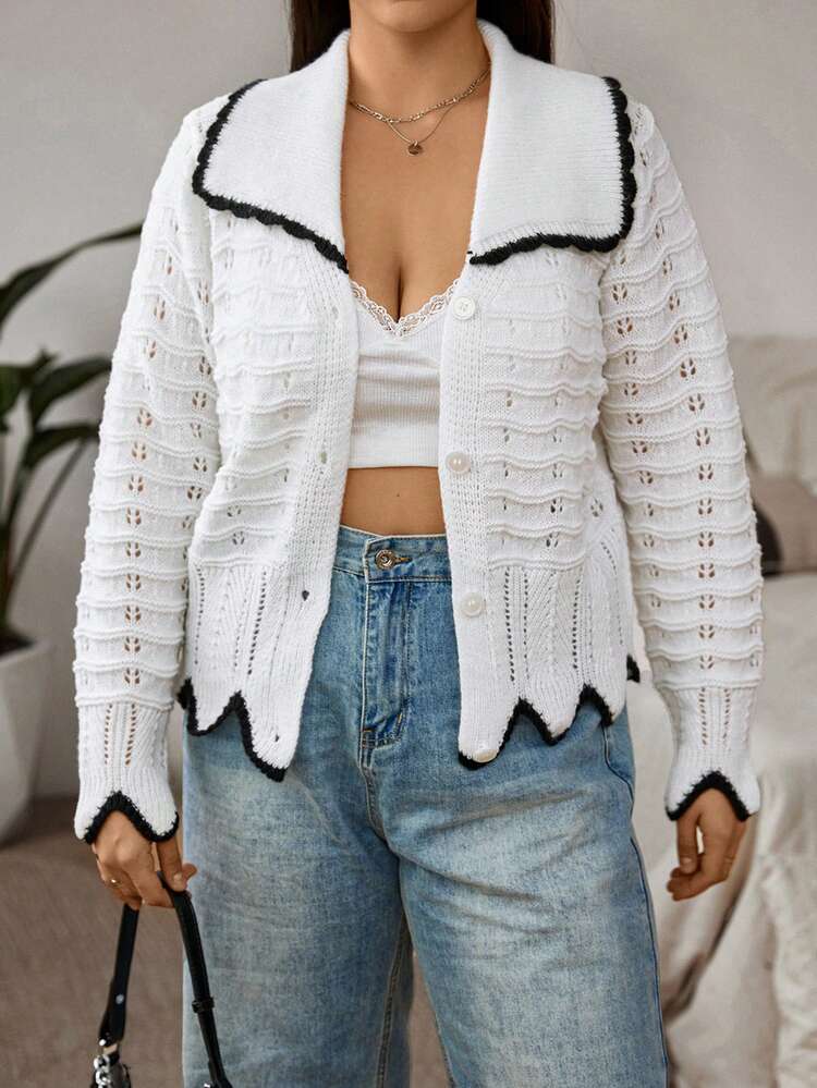 Plus Contrast Trim Pointelle Knit Cardigan