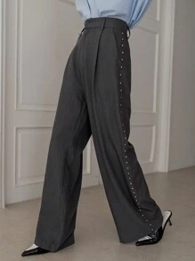 Dazy Designer Của phụ nữ quần ống rộng Quần tây Với Nghiên cứu Đồ trang trí - Xám - Xem 4