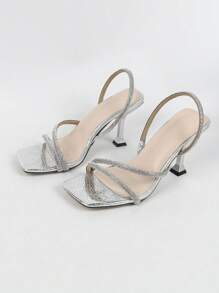 Women's Silver High Heel Sandals, Fashion Comfortable Minimalist Style, Diamond Shiny, Suitable For Spring & Summer