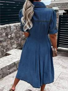 Túi có nắp Tay áo cuộn Đầm Denim - Rửa tối - Xem 2