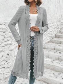 SHEIN LUNE 鏤空蕾絲花邊開門襟外套 - 灰色 - 查看 2