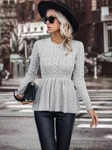 SHEIN Clasi 素色麻花編織荷葉邊下擺套頭毛衣 - 灰色 - 查看 3