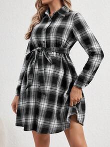 SHEIN 孕婦格紋印花腰帶襯衫洋裝 - 黑色 - 查看 3