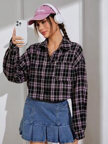 SHEIN EZwear Plaid Print Drop Shoulder Shirt - Multicolor - View 5