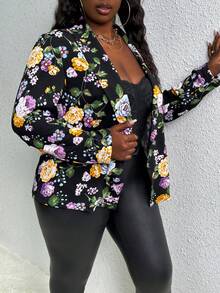 Slaydiva Plus Floral Print Open Front Blazer - Black - View 4