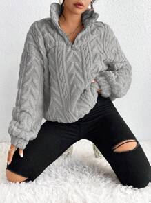 SHEIN Frenchy 半拉鏈落肩袖運動衫 - 灰色 - 查看 4