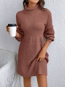 SHEIN Frenchy 秋冬高领灯笼袖针织连衣裙 - 紅色 - 查看 5