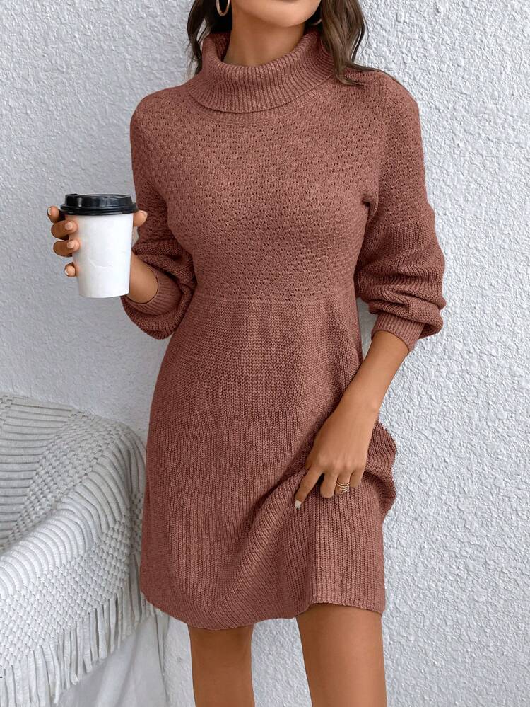 High Neck Lantern Sleeve Knitted Dress In Fall/Winter Christmas Red New Year Casual Valentine's Day