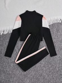 SHEIN Leap Crew Teenage Girls' Knit Patchwork Stand Collar Half Placket T-shirt And Pants Set - Multicolor - View 2