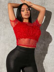 SHEIN SXY Rhinestone Detail Fuzzy Trim Crop Mesh Top Without Bra - Red - View 1