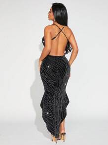 SHEIN SXY 女性閃亮不對稱襯帶洋裝 - 黑色 - 查看 2