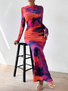 Rafferiza Vestido ajustado con cuello de tortuga, fruncido en los laterales, con estampado tie-dye, para Año Nuevo, vestimenta de mujer, vestido largo, ropa de otoño para mujer - Rojo - Ver 4
